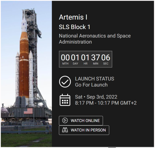 Haz clic en la imagen para ampliar

Nombre:	Artemis-1 Go for Launch 02-09-2022.PNG
Vitas:	163
Tamaño:	237,1 KB
ID:	360360