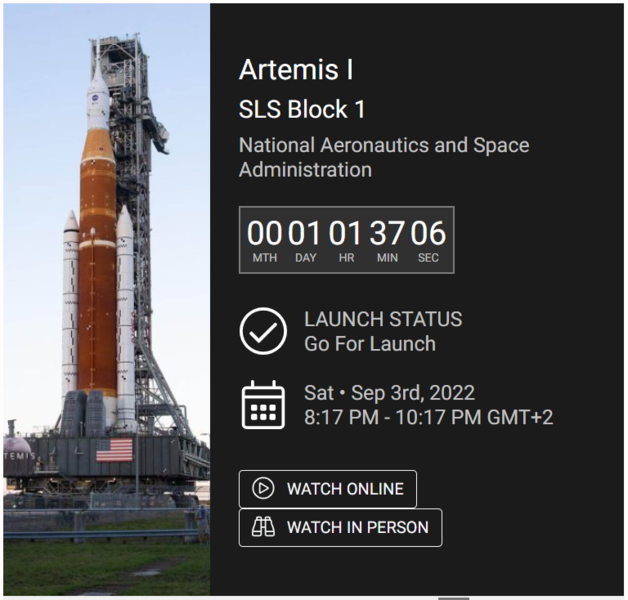 Haz clic en la imagen para ampliar

Nombre:	Artemis-1 Go for Launch 02-09-2022.PNG
Vitas:	126
Tamaño:	237,1 KB
ID:	360360