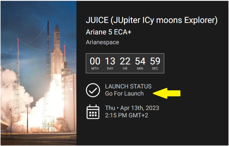 Haz clic en la imagen para ampliar

Nombre:	JUICE go for launch 30-03-2023.png
Vitas:	150
Tamaño:	231,2 KB
ID:	362022