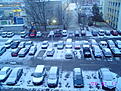 Aparcamiento nevado del CERN, desde el hotel propio.